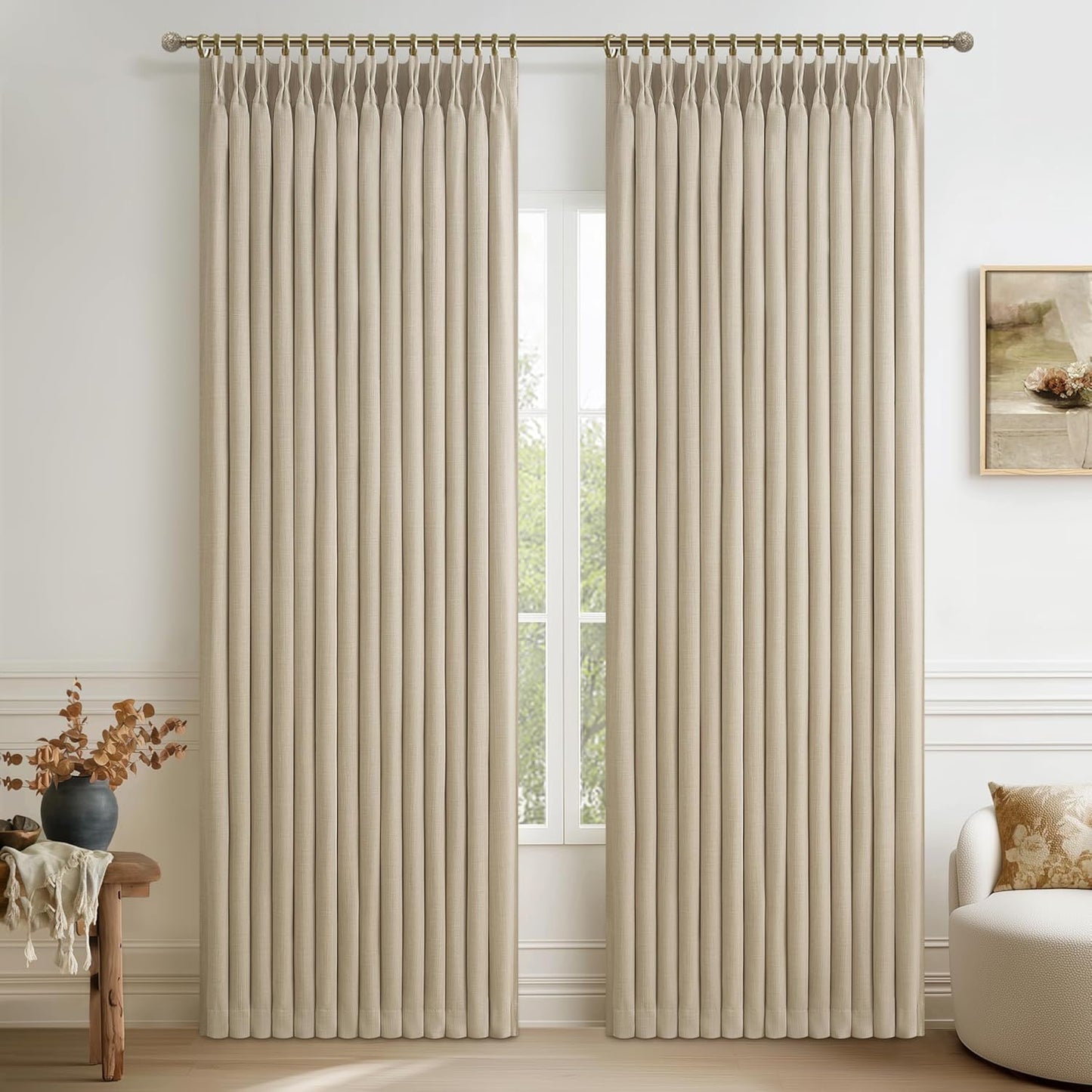 Pinch Pleated Off Beige White Mini Curtains 63 Inch Length 2 Panels Set for Kitchen Windows, Cute Blackout Two Layer Thick Linen Blend Light Blocking Drapes Back Tab for Laundry Room 63 Inches Curtain