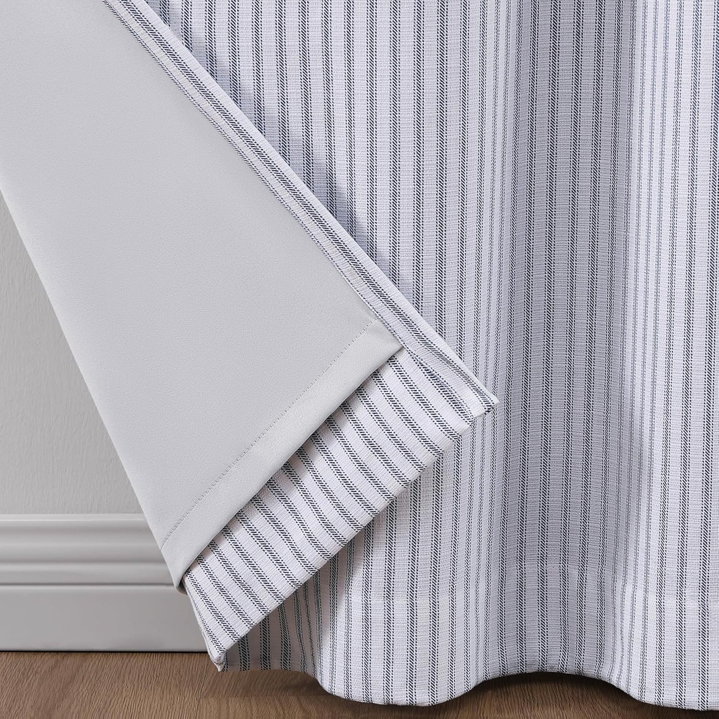 Martha Stewart Ticking Stripe Blackout Lining Rod Pocket/Back Tab Window Curtain Panel Pair, 84", White/Indigo, Set of 2